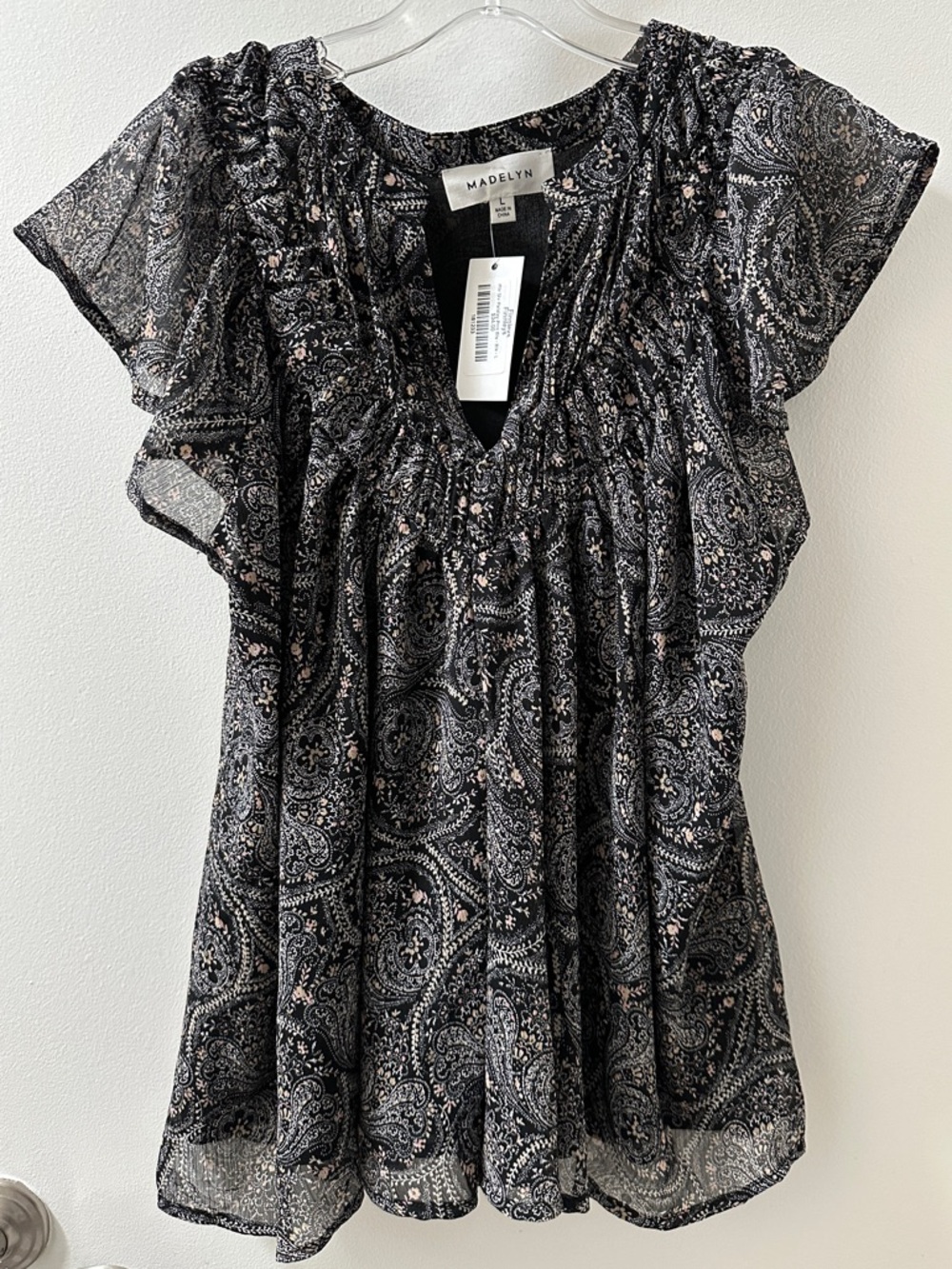 Black Paisley Ruffle V-Neck Blouse